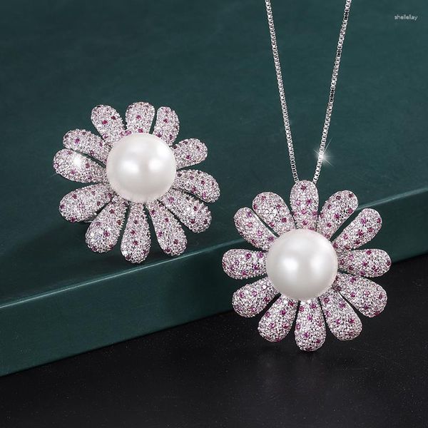 Collana Orecchini Set EYIKA Luxury Big White Pearl Sun Flower Wedding Party Fine Jewelry Silver Color Mix Rose Red Zircon Pendant Ring