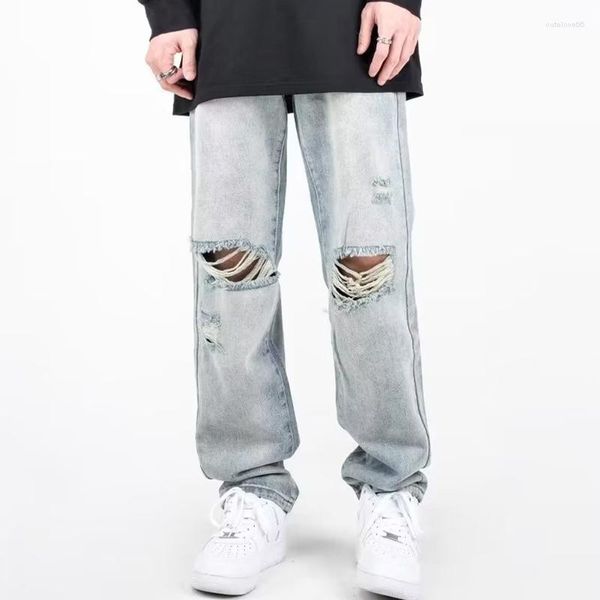 Männer Jeans F Mädchen Sommer Herren Ripped Blau Lose Fit Loch Weite Bein Hosen Hosen Streetwear Hohe Qualität Denim Mann Kleidung