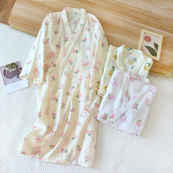 Ropa de dormir para mujer Estilo japonés Mujeres Yukata Kimono Bata Vestido Verano Algodón Spa Suelto Estampado Kimonos Albornoz Batas Vestido Dulce Ropa de casa