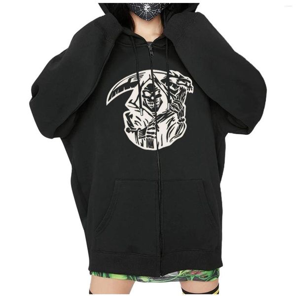 Damen Hoodies Halloween Black Skull Crew Frau mit Taschen 90er Jahre Harajuku Sweatshirt Jacke Mantel Kapuzen Casual Top Hip Hop Vintage Kleidung