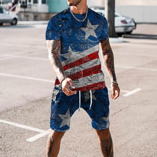 Мужские спортивные костюмы летние мужчины американский флаг печатный спортивный костюм винтажные наряды устанавливают модные футболки для футболки случайные спортивные беговые костюмы негабаритный