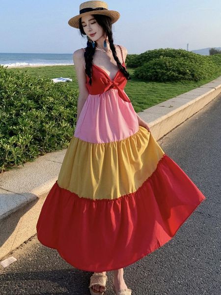 Vestidos casuais verão 2023 feminino arco com decote em v sexy versão a retalhos vestido longo solto sem costas plissado festa de aniversário bolo deslizamento boho