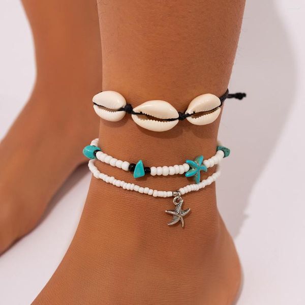 Cavigliere KunJoe Bohemian White Shell Rice Bead Cavigliera con pendente a forma di stella marina per le donne Multiplayer Summer Beach Gioielli braccialetto a piedi nudi