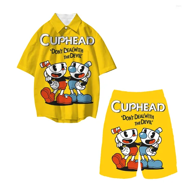 Herren Trainingsanzüge Cuphead Game Casual Loose Shirt Tops Jungen Mädchen Kinder Kurze Hosen Anzüge Männer Frauen Revers Ärmel Shirts Set