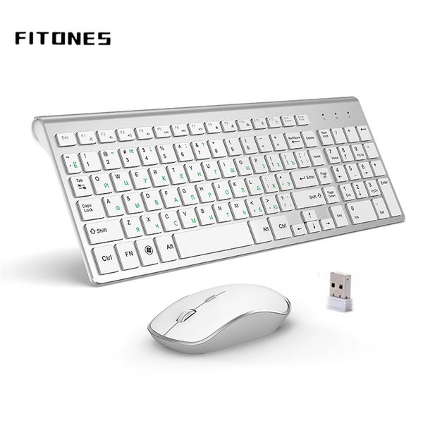 Tastatur-Maus-Kombinationen, russische Version, 2,4 g, kabellose Tastatur und Maus, Ergonomie, tragbar, USB-Schnittstelle in voller Größe, High-End-Mode, silberweiß, 230715