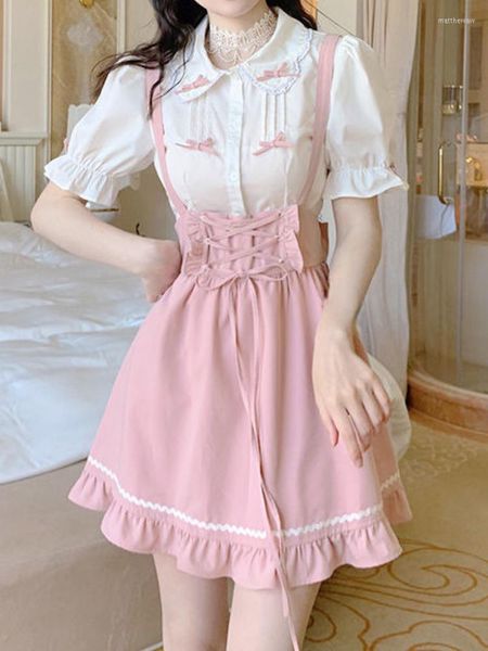 Vestidos de trabalho 2023 Verão Kawaii Roupas Rosa Conjunto de 2 Peças Vestido Feminino Camisa Causal Mini Saia Doce Lolita Y2K Ternos da Moda