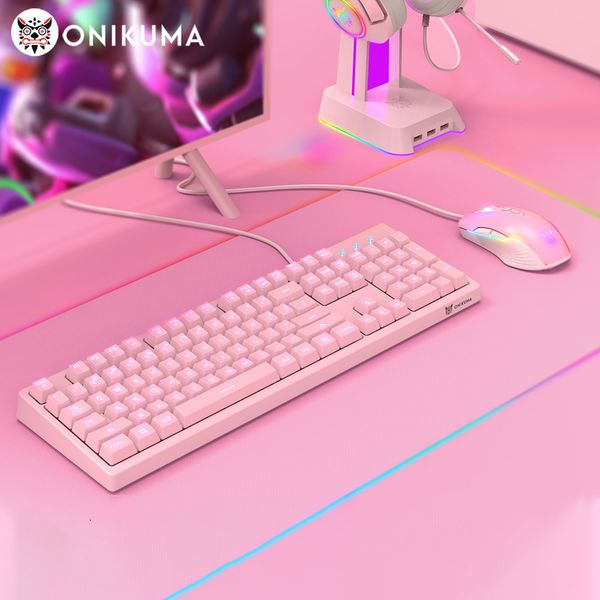 Комбинация клавиатуры и мыши ONIKUMA Gaming 104 клавиши Клавиатура и мышь со светодиодной подсветкой Розовые проводные эргономичные клавиатуры Мыши для портативных ПК Gamer 230715