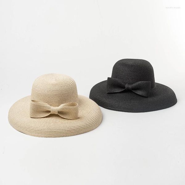 Cappelli a tesa larga Vintage Dome Dropped Eaves Bowknot Paper Straw Top Hat Protezione solare Stage Show Forma concava