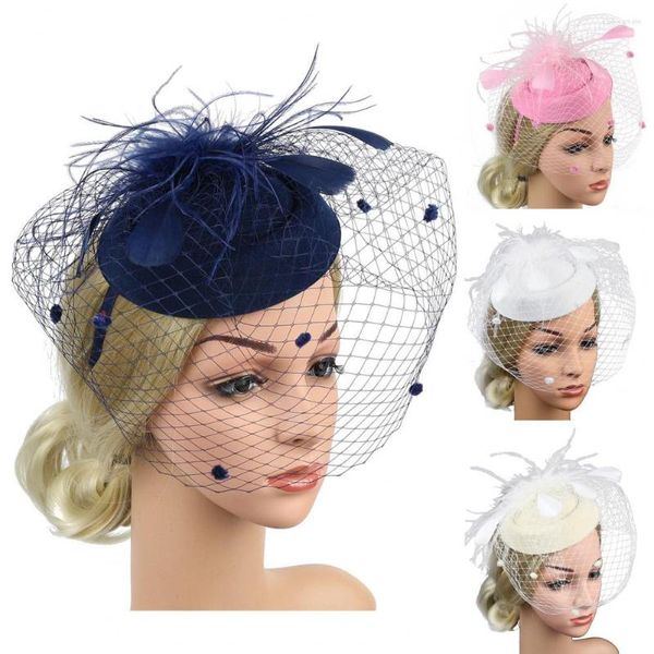 Berretti Hair Hoop Design Fascinator Hat Dolce copricapo da sposa fatto a mano Tinta unita Faux Feather Mesh Decor Copricapo da sposa