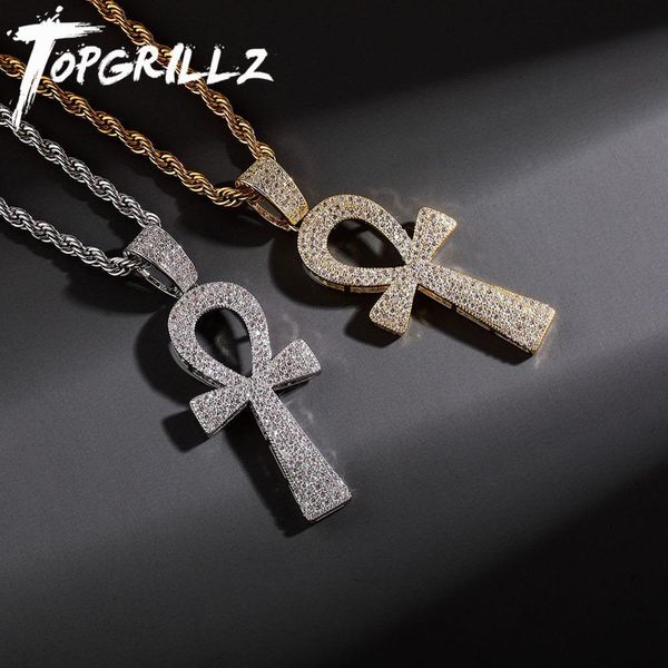 Colares com Pingente TOPGRILLZ Colar Ankh Estilo Hip Hop Cobre Banhado a Ouro/Prata Micro Pavimentado AAA CZ Colar com Pingente de Pedra Corrente Corda 230715