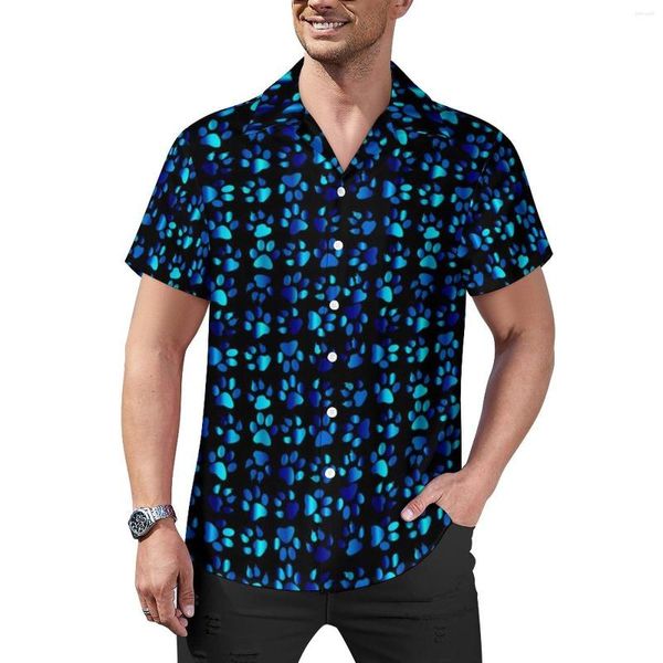 Camisas casuais masculinas, azul, patas de cachorro, camisa solta, masculina, praia, fofa, com estampa de animal, estampa havaiana, mangas curtas, Y2K, blusas grandes