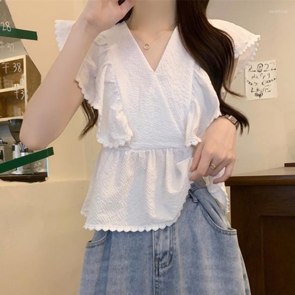 Женские блузки reffled Vintage Flight Elice Roomts Женщина v Neck Slim Elegant White Women Лето 2023 Корейская шикарная сладкая леди 27460