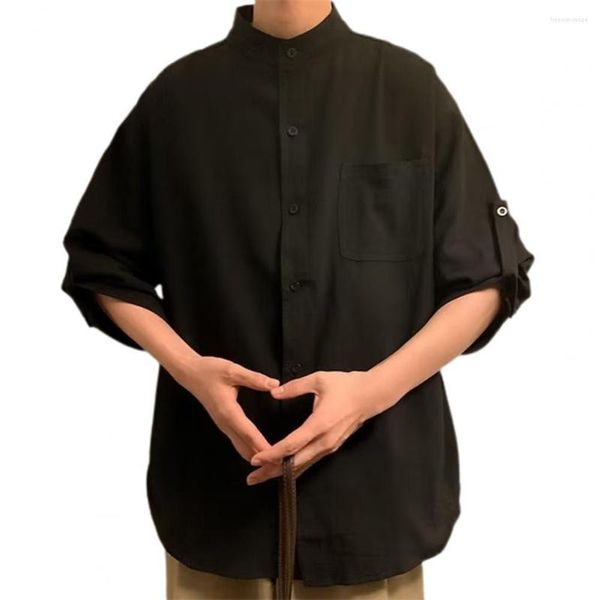 Camicie casual da uomo Camicia da uomo con maniche arrotolabili Collo alla coreana versatile 3/4 Tinta unita Vestibilità ampia Design monopetto Ideale