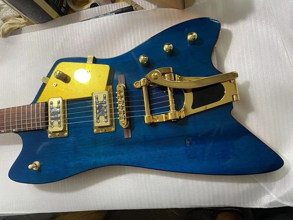 Personalizado 6199 Billy Bo Júpiter Blue Thunderbird Guitarra elétrica Black Body Binding Bigs Tremolo Bridge Gold Hardware Sparkle Gold Pickugard