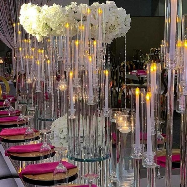 Decoração de festa inteiro 10 braços de haste longa moderno tubo de acrílico transparente furacão suportes de vela de cristal centro de mesa de casamento327C