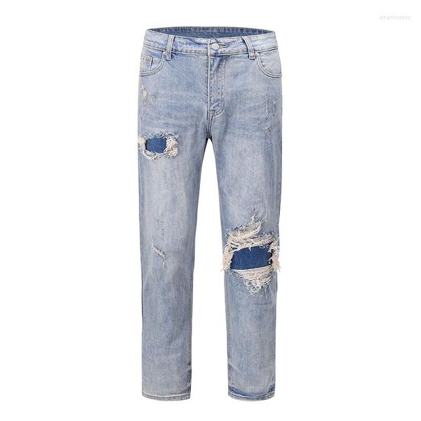 Jeans masculino High Street Calça jeans desfiada com buraco lavado Calça masculina Harajuku retrô reta solta Hip Hop jeans folgada Lápis