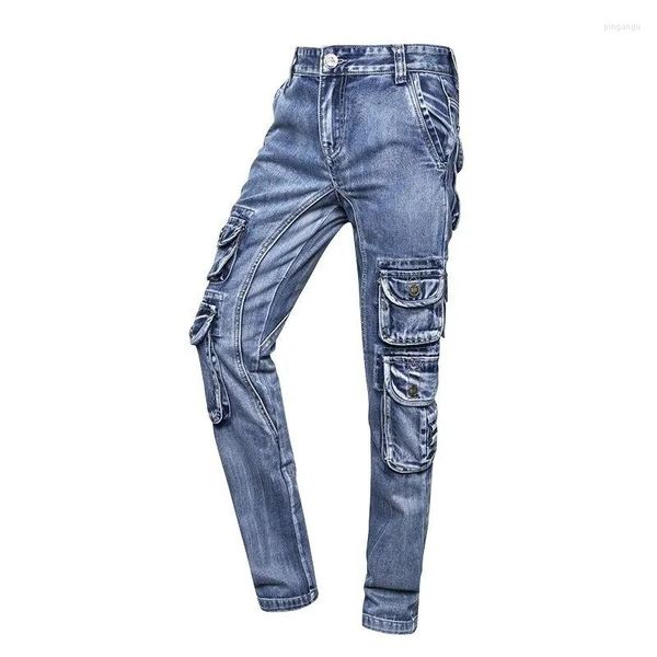 Erkek kotları çoklu cepler açık taktik kargo denim pantolonlar ince uygun küçük bacak pantolon erkekler için