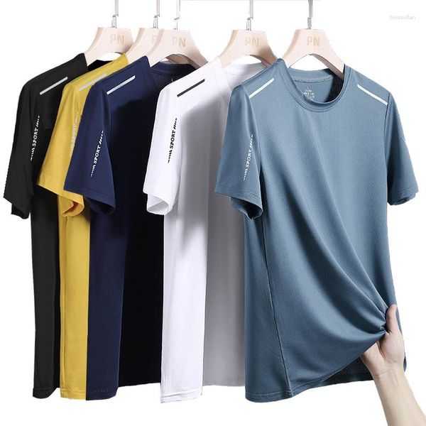 Camisetas masculinas de secagem rápida, camisa casual masculina, camiseta de seda gelada, gola redonda, manga curta, masculina, esportiva, respirável, leve