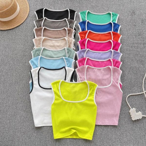 Serbatoi da donna Chic Solid Tshirt Sexy Square Collar Slim Knit Slip Vestidos Moda coreana senza maniche Vintage Crop Top Summer Women