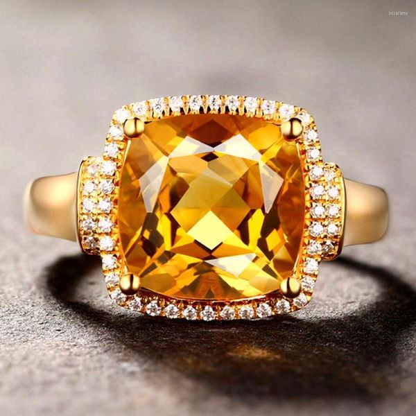 Cluster Rings Luxo Square Citrine Gemstones Diamonds For Women Femme 18k Gold Color Big Crystal Precious Anillos Jewelry Bague Bijoux