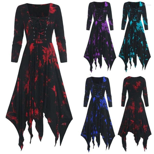 Lässige Kleider Halloween-Kostüme Gothic für Frauen 2023 Plus Size Tie-Dye-Druck Unregelmäßiges Kleid Langarm-Spitze-Up-Verband Vestidos