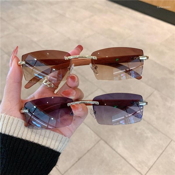 Sonnenbrille Kleine Rechteck Frauen Randlose Holzmaserung Spiegel Beine Sonnenbrille Sommer Mode Brillen UV400 Gafas De Sol