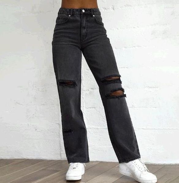 Damenjeans 2023, hohe Taille, zerrissene schwarze Hosen, Frauen tragen zerlumpte Modekleidung, trendige lässige lange Denim-Hosen, Freund