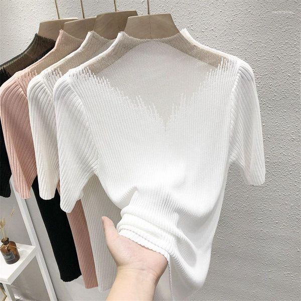 Maglioni da donna Maglione lavorato a maglia bianco Pullover Sueter Mujer Jersey T-shirt manica corta in maglia di seta ghiaccio Camicie primaverili per donna Mezze cime