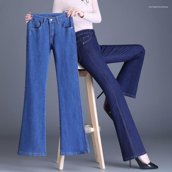 Herrenjeans, hohe Taille, weites Bein, Damen, Skinny, ausgestellt, koreanische Mode, Stretch, schmal, klassischer Stil, Mom-Denim-Hose, Blau, 32 34