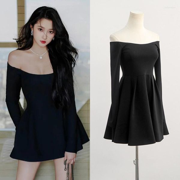 Vestidos Casuais Kpop Cantores Coreanos Mulheres Preto Slim Cintura Alta Vestido Off-Shoulder Senhoras Verão Manga Longa Sexy A-line Backless Mini