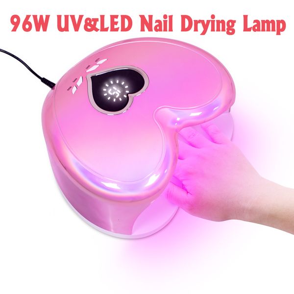 Secadores de unhas 96 w uv/led lâmpada de secagem de unhas para manicure forma de coração profissional secador de esmalte máquina leve para secagem rápida todo o gel polonês 230715