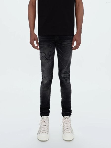Мужские джинсы хрустальные украшенные логотипом Жан Mens Fashion Brand, огорчающая тощая джинсовая джинсовая джинсовая джинсовая ткань.