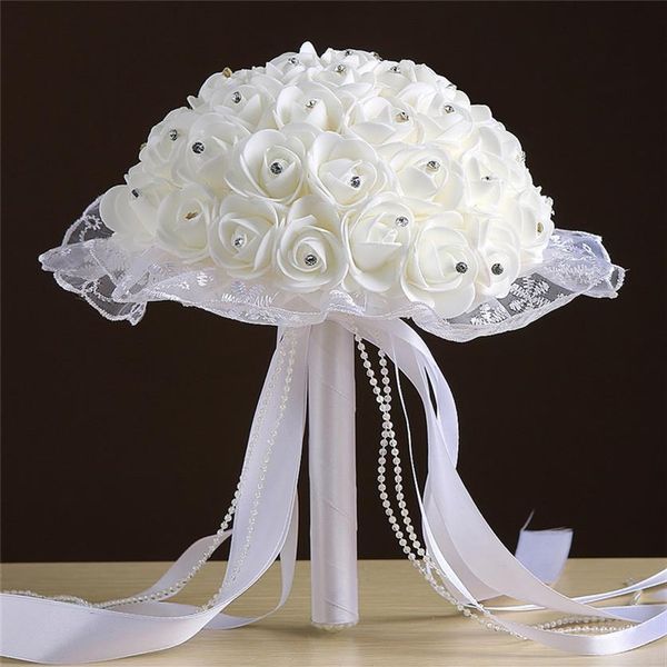 Rosa Flores de Noiva Artificiais Buquê de Noiva Buquê de Casamento Cristal Marfim Fita de Seda Segurando Buquê de Flores Multicolor315S
