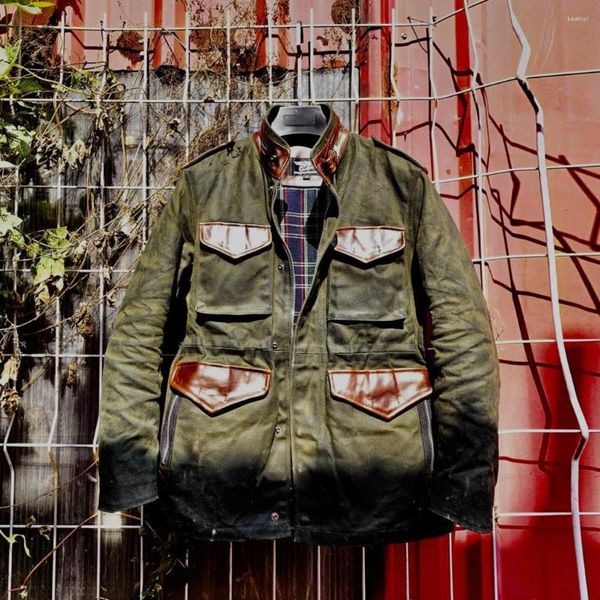 Herrenjacken Tailor Brando American Retro Heavyweight Oil Waxed Canvas M65 Field Jacket Safari Mittellanges Leder