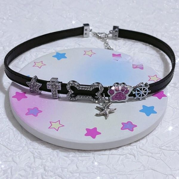 Halsband Y2k 90er Jahre Ästhetische Strass Knochen Kreuz Stern Weibliche Punk Vintage Coole Schwarze Leder Halskette Harajuku Mode Schmuck