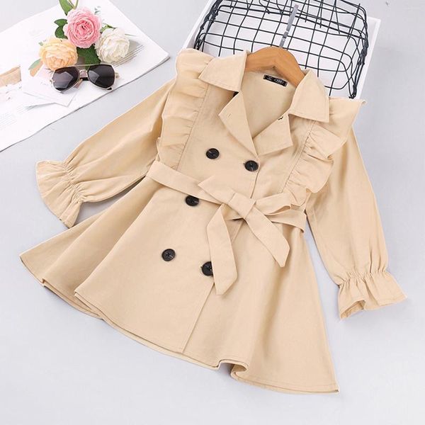 Casaco Moda Outono Cores Sólidas Babado Manga Longa Cinto Transpassado Criança Infantil Crianças Bebês Meninas Trench Jaqueta Corta-vento#g4