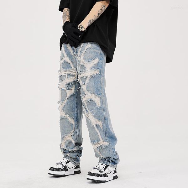 Jeans masculino Water Ripple Holes Do Old Straight e feminino Hip-hop National Tide Loose Street Calças