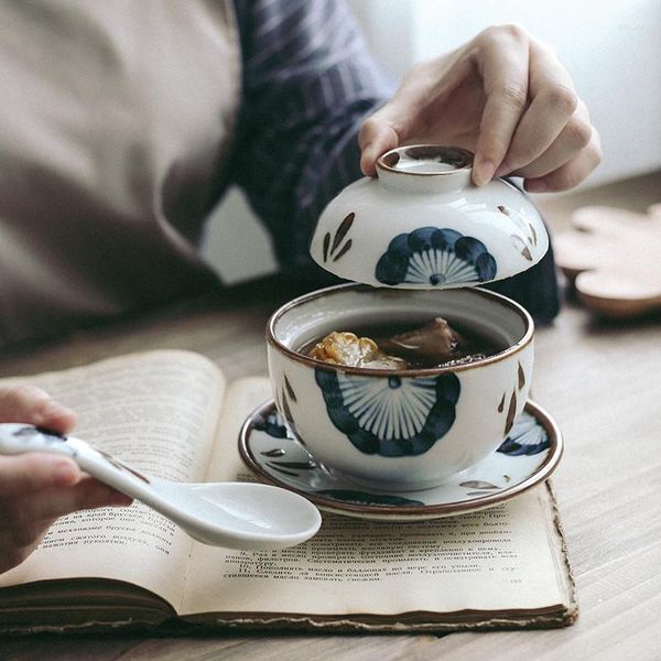 Миски японское стиль керамический тушеной горшок с крышкой домашняя паровая чаша для яиц творческий суп -чашка ретро -птичье гнездо.