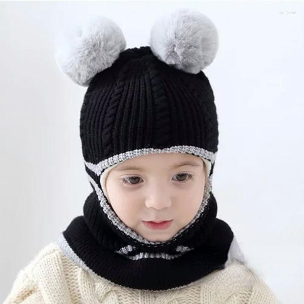 Beralar Beanies bebek yüzük şapka pompom kış çocuk şapkaları kızlar kızlar için sevimli kapaklar sıcak polar astar kulak bayram kapaklar çocuklar