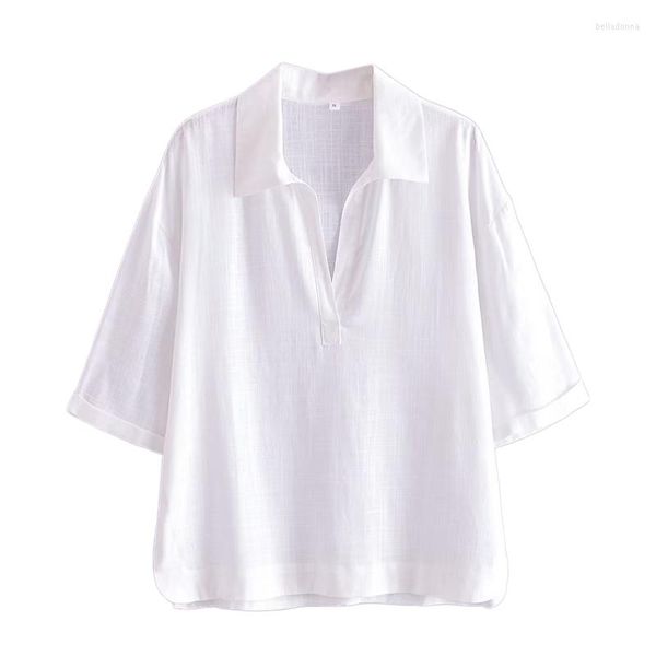 Camicette da donna 2023 Camicia di lino con spacco alla moda a maniche corte con risvolto estivo Camicia casual bianca allentata per tutto il fiammifero