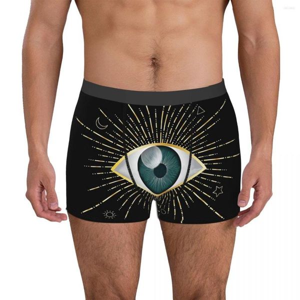 Cueca Cílios Padrão Teal Evil Eye Dourado Sol Lua Estrela Triângulo Círculo Nazar Mati Cueca Cueca Estampada Cueca Boxer