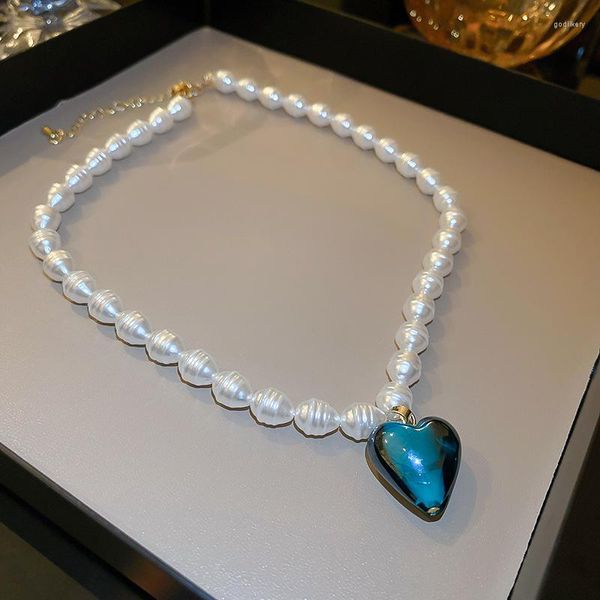 Ketten Lovelink Luxus glänzende Damen weiße Perle Metall Halskette blaues Harz Herzform Anhänger Kette verstellbar Mädchen Schmuck