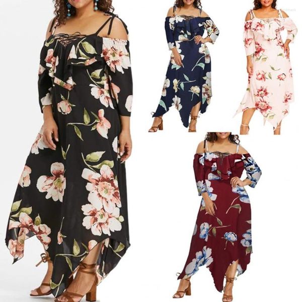 Vestidos casuais femininos vestido ombro a ombro floral chiffon midi ombro de fora com cadarço frontal bainha irregular tamanho grande feminino ajuste solto