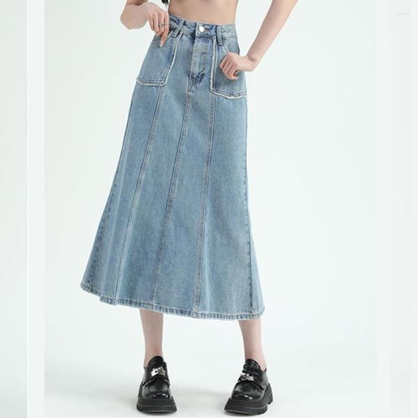 Röcke Koreanischen Stil Bodycon Fischschwanz Für Frauen Mode Denim Maxi Langen Rock 2023 Hohe Taille Rüschen Midi