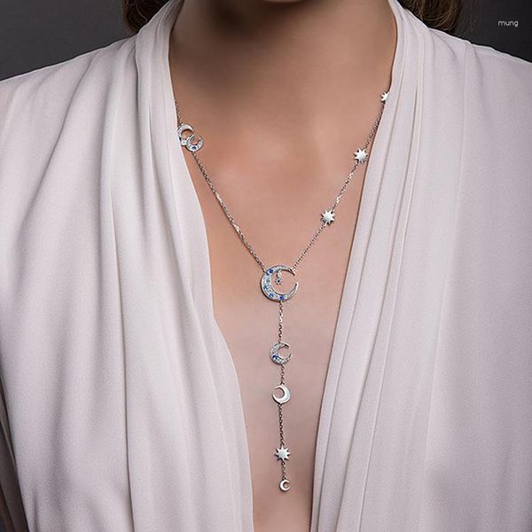 Collane con ciondolo Gioielli da donna sexy placcati in argento di lusso Moon Star Zircon Charm Collana a lunga catena a forma di Y Lovely Girl Fashion