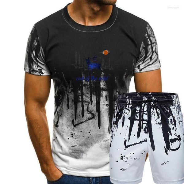 Agasalhos masculinos com estampa gráfica - camiseta estampada em tela Call Of The Wild estampada à mão com estampa de alce roupas masculinas