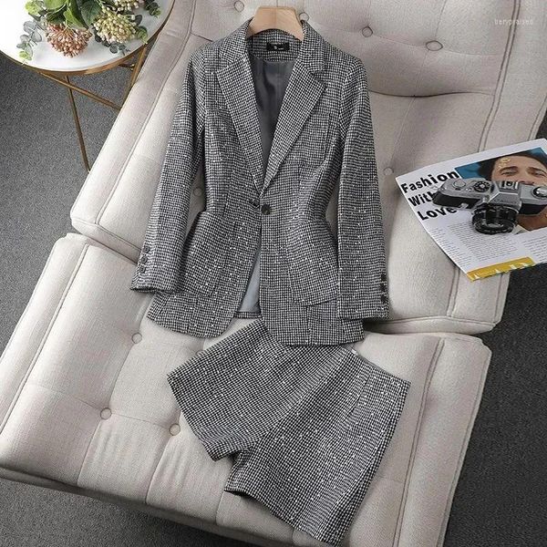 Completi da donna Blazer Completo da due pezzi Primavera Autunno Moda Glitter Giacca da abito vintage Eleganti Pantaloncini casual Capispalla a quadri lucidi Se