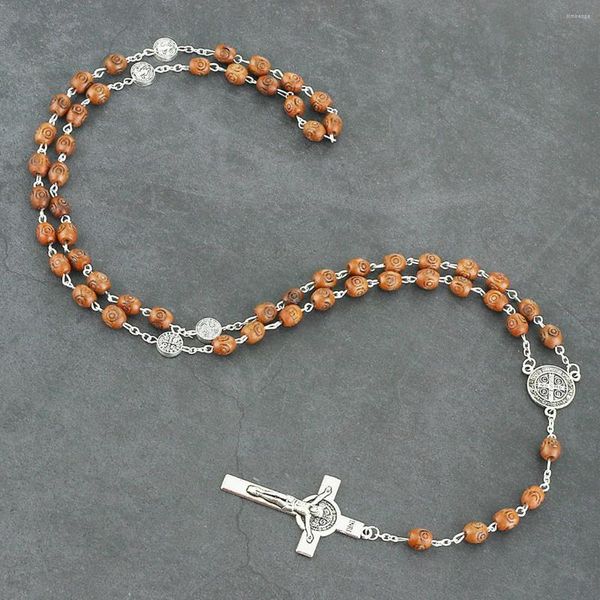 Anhänger Halsketten Katholische geschnitzte hölzerne Rosenkranz-Kreuz-Halskette ovale Perlen INRI Jesus Christus für Männer religiöses Gebet Schmuck Geschenk