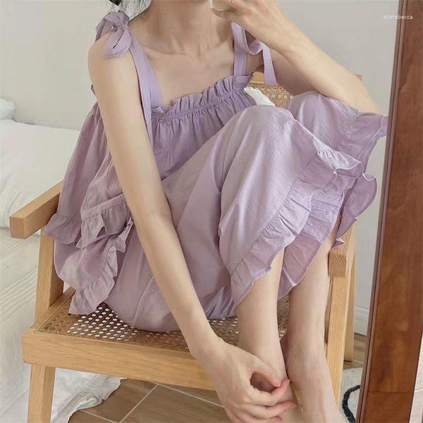 Roupa de dormir feminina Conjunto de vestido sem mangas 2 peças Sexy Bonito Conjuntos de pijama com laço para mulheres Roupas de dormir Calças para casa Roupas Kawaii Pijama Camisola