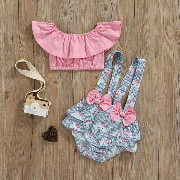 Completi di abbigliamento Baby Top Suit Camicia a maniche corte con spalle scoperte Cartoon Cloud Print Bretelle Pagliaccetto a forma di gonna Kid Girls Summer